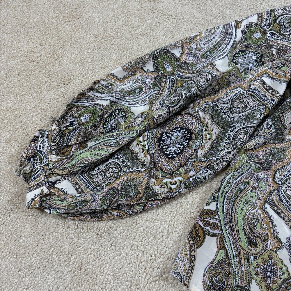 Elan M Blouse Peasant Brown Yellow Tan Paisley Tie Neck Long Sleeve Boho Artsy - Picture 2 of 8